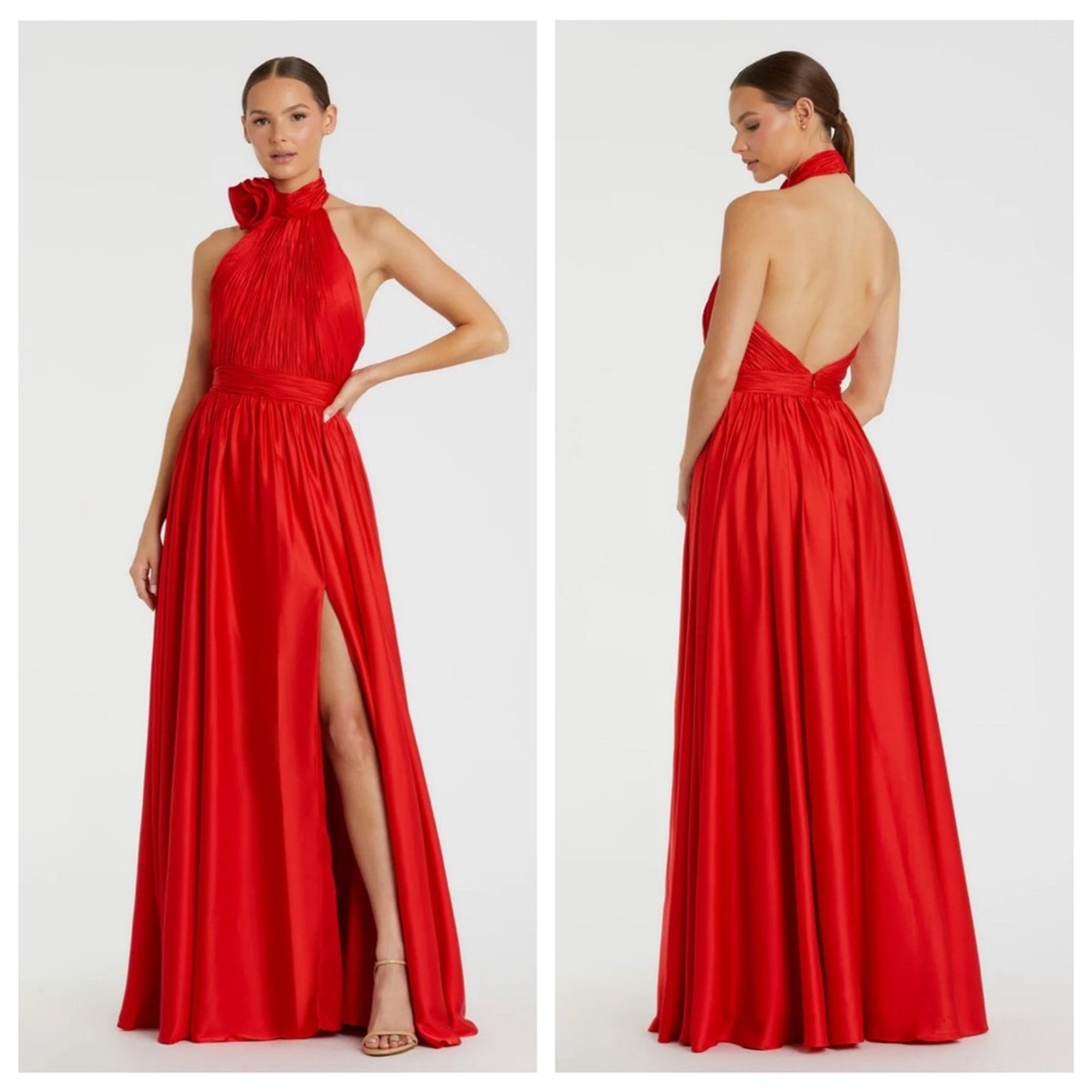 Nwt Mac Duggal Women’s Cherry Soft Tie Halter Neck High Slit Gown